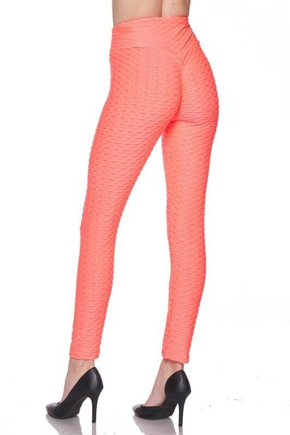 Kylie Scrunch Butt Anti Cellulite Honeycomb Texture Leggings Neon Coral