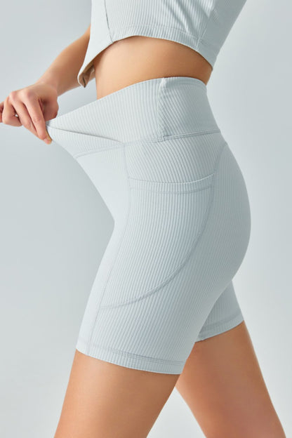 V-Waist Ribbed Sports Biker Shorts with Pockets