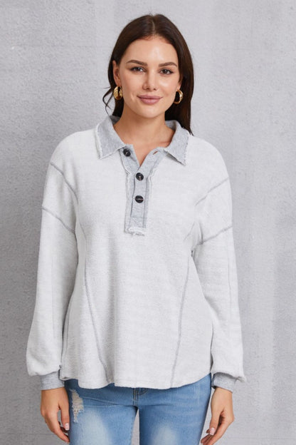 Relaxed Style with a Touch of Detail: Half Button Dropped Shoulder Sweatshirt